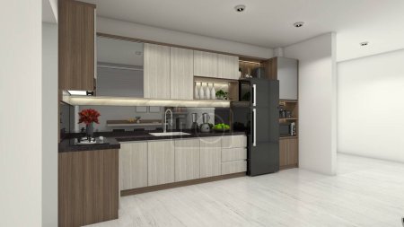 Photo for Luxury interior kitchen with wooden cabinet and mirror furnishing. Using interior lighting decoration include microwave, coffee makers, sink and stove. - Royalty Free Image