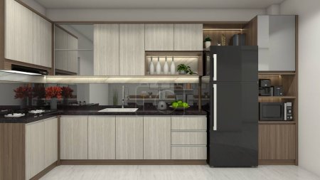 Meuble de cuisine moderne en bois avec réfrigérateur et présentoir. Utilisation de décoration d'éclairage intérieur comprennent micro-ondes, cafetières, évier et cuisinière.