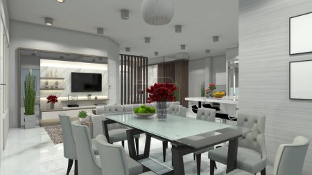 Photo for Modern dining room design with set glass table and integrate living room with TV cabinet. Using marble flooring and interior lighting decoration. - Royalty Free Image