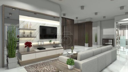 Photo for Luxury and modern living room design with wooden TV cabinet and comfortable sofa cushion. Using marble floor and interior lighting decoration. - Royalty Free Image