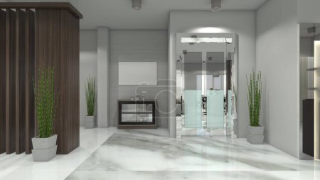 Photo for Modern lift corridor design and idea with side drawer cabinet furniture interior. Using marble floor and interior lighting. - Royalty Free Image