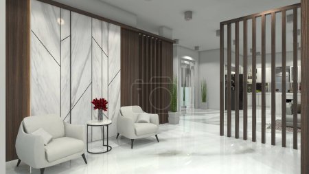 Photo for Luxury and elegant lobby design with wall panel and partition decoration. Using wooden and marble materials furnishing. In the room include set armchair and coffee table. - Royalty Free Image