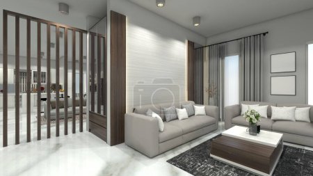 Photo for Modern living room design with wooden wall partition and panel background. In the room include sofa cushion, coffee table and wooden shoes cabinet. - Royalty Free Image