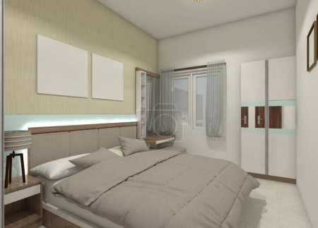 Modern bedroom design with minimalist headboard panel and clothes wardrobe cabinet. Include side drawer and dressing table, using interior lighting decoration.