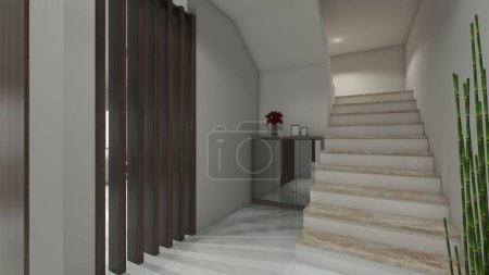 Photo for Under staircase storage cabinet using side drawer with mirror doors. In the room include wooden partition with interior dim lighting. - Royalty Free Image