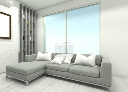 Photo for Comfortable and minimalist living room design with cushion sofa and wooden wall partition. Include large back window view. - Royalty Free Image