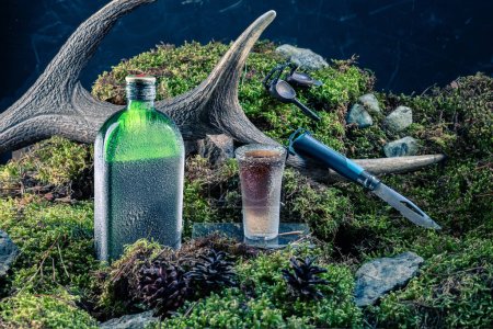 A bottle and a glass of alcohol covered in frost. Composition with alcohol on moss. Alcohol, a knife and a steel on the moss. Front view.