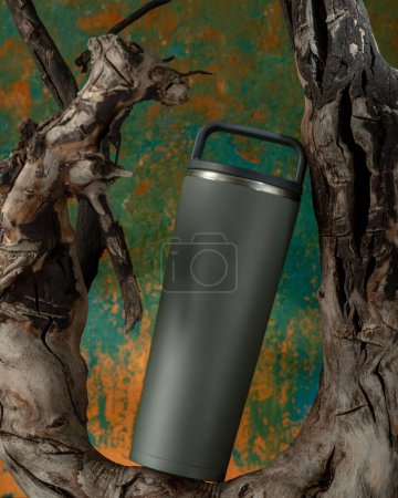Photo for Thermo glass for hot drinks. Dishes and old wood. Still life with dishes and wood. Bottle with a carrying handle. Vertical frame. - Royalty Free Image