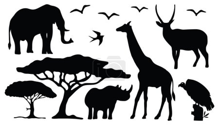 Silhouette of animals and trees in the savanna of Africa. Silhouette animals' collection