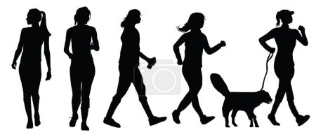Téléchargez les photos : Silhouettes femme marchant dans les lieux publics, femme avec chien. Collection Silhouette. - en image libre de droit
