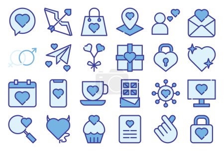 Ilustración de Un conjunto de iconos de contorno de color azul Amor conjunto. La colección incluye para aplicación móvil, diseño web, en un momento de celebración, Día de San Valentín, boda, cumpleaños y más. - Imagen libre de derechos
