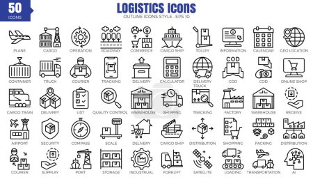 Téléchargez les illustrations : Un ensemble d'icônes de contour logistique ensemble. - en licence libre de droit