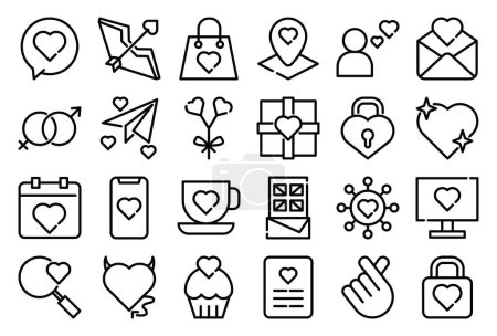 Ilustración de Un conjunto de iconos de esquema de conjunto de amor. La colección incluye para aplicación móvil, diseño web, en un momento de celebración, Día de San Valentín, boda, cumpleaños y más. - Imagen libre de derechos