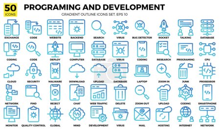 Illustration for Programing and development gradient outline icons set. - Royalty Free Image