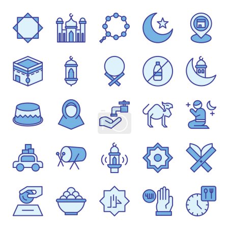 Téléchargez les photos : Icônes Ramadan ensemble dans le style de contour de couleur bleue. La collection comprend la conception Web, la conception d'applications, la conception d'interface utilisateur, pendant le Ramadan, l'Aïd et d'autres. - en image libre de droit