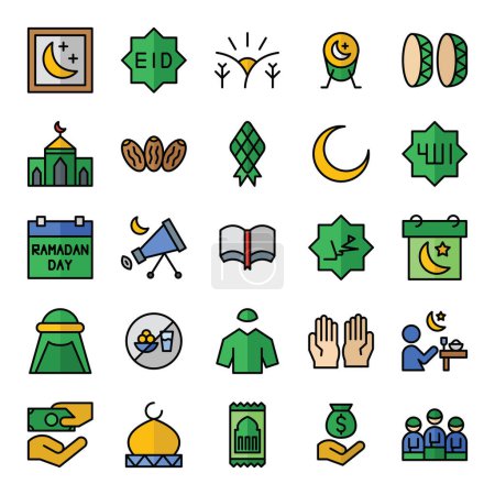 Illustration for Ramadan icons set in filled outline style. The collection includes web design, application design, UI design, during Ramadan, Eid, and others. - Royalty Free Image