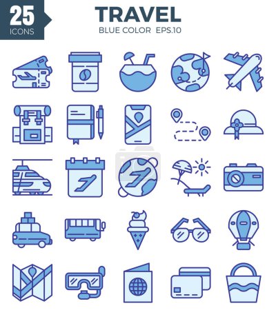 Ilustración de Juego de iconos de viaje (color azul). Ilustraciones vectoriales - Imagen libre de derechos