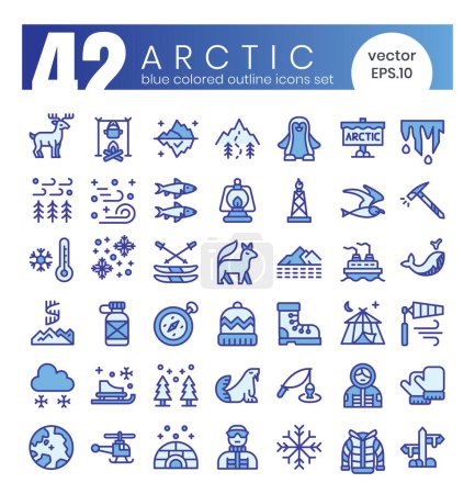 Téléchargez les illustrations : Ensemble d'icônes de contour bleu arctique Illustration vectorielle - en licence libre de droit