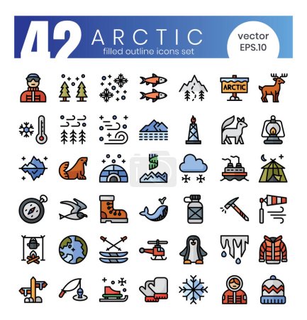 Téléchargez les illustrations : Ensemble d'icônes de contour remplies d'arctique.Illustration vectorielle - en licence libre de droit