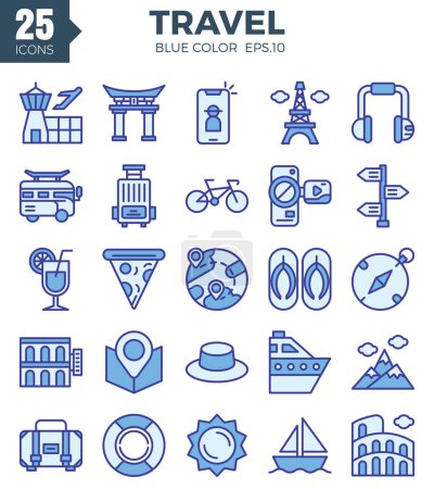 Ilustración de Juego de iconos de viaje (color azul). La colección incluye diseño web, diseño de aplicaciones, diseño de interfaz de usuario, - Imagen libre de derechos