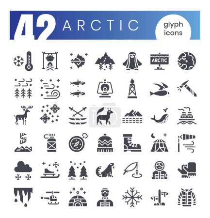Téléchargez les illustrations : Ensemble d'icônes arctiques. Ensemble d'icônes de style glyphe. Illustration vectorielle - en licence libre de droit