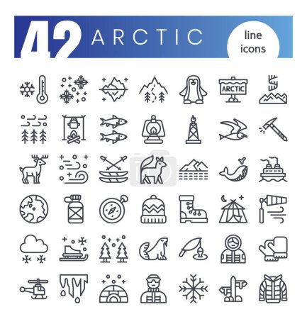 Téléchargez les illustrations : Ensemble d'icônes arctiques. Ensemble d'icônes de style contour. Illustration vectorielle - en licence libre de droit