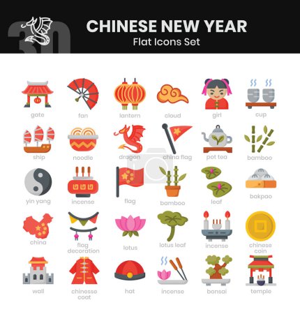 Téléchargez les photos : Nouvel An chinois Icônes Bundle. Style icône plate. Illustration vectorielle - en image libre de droit