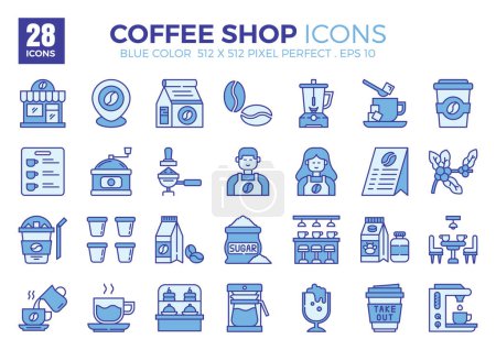 Illustration for Coffee shop blue colored outline icons set.Vector Illustration - Royalty Free Image