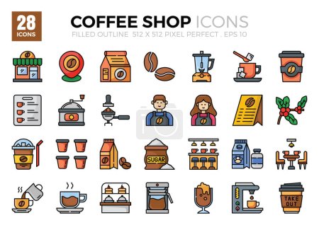 Illustration for Coffee shop filled outline icons set.Vector Illustration - Royalty Free Image