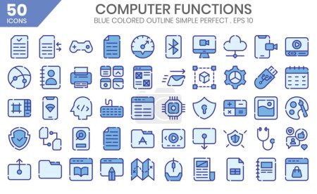 Illustration for Computer function blue colored outline icons set.Vector Illustration - Royalty Free Image