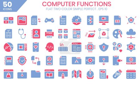 Illustration for Computer function flat two color icons set.Vector Illustration - Royalty Free Image