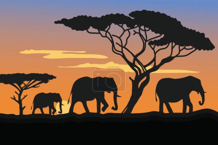 Téléchargez les photos : Illustration des éléphants et de la silhouette des arbres dans la savane en soirée - en image libre de droit