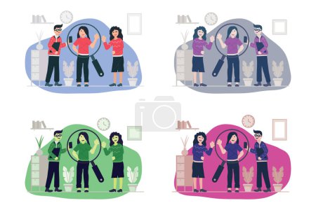 Téléchargez les photos : Illustration d'un homme tenant un smartphone et deux femmes, représentant le concept de recherche et d'hommes d'affaires. Conception plate - en image libre de droit