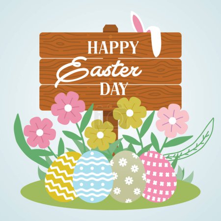 Ilustración de Día de Pascua con tablero de madera, conejito, flores y fondo de huevos. Ilustración vectorial. - Imagen libre de derechos