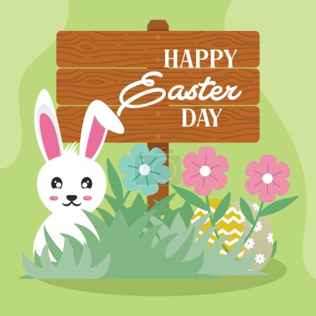 Ilustración de Día de Pascua con tablero de madera, conejo, flores y fondo de huevos. Ilustración vectorial. - Imagen libre de derechos