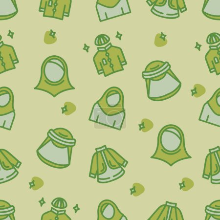 Seamless pattern of Muslim dress on green background. Vector illustration.