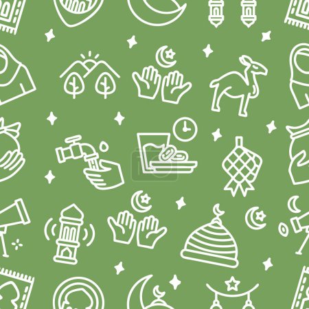 Nahtloses Ramadan-Muster auf grünem Hintergrund. Handgezeichnete Vektorillustration.