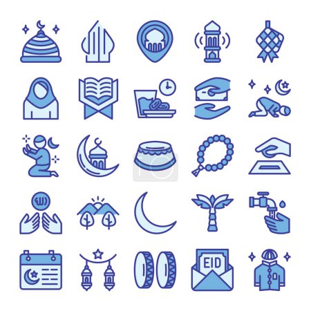Illustration for Ramadan icons bundle. Blue color outline icon style. - Royalty Free Image