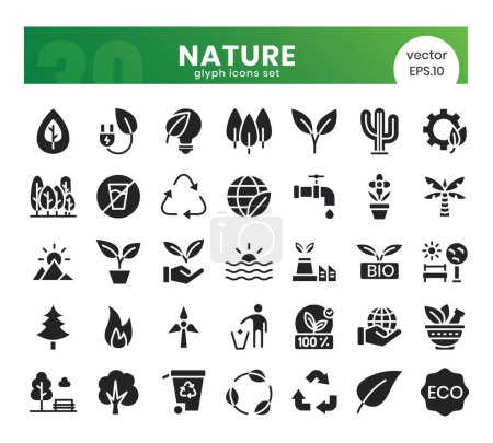 Nature Icons Bundle. Glyph icons style. Vector illustration.
