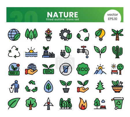 Nature Icons Bundle. Filled outline icons style. Vector illustration.