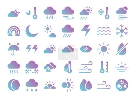 Clima iconos de gradiente plano establecidos. La colección incluye en los negocios, UI UX, redes sociales y sitio web.