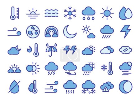 Clima azul - iconos de contorno de color establecidos. La colección incluye en los negocios, UI UX, redes sociales y sitio web.