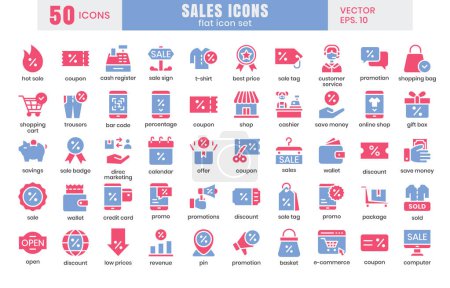 Sales icons set.E-commerce online shopping flat two-color icons vector