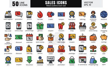 Sales icons set.E-commerce online shopping filled outline icons vector