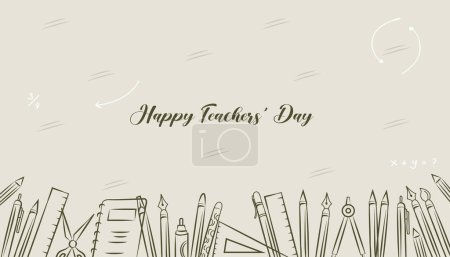 Happy teacher's day.Hand-drawn black and white line sketch school tools background.