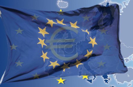 Foto de La bandera europea en el contexto del mapa geográfico de los países que forman parte de la UE - Imagen libre de derechos