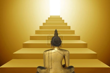 Buddha von hinten, als er auf die Treppe blickt, die zu Weisheit und Ruhe führt