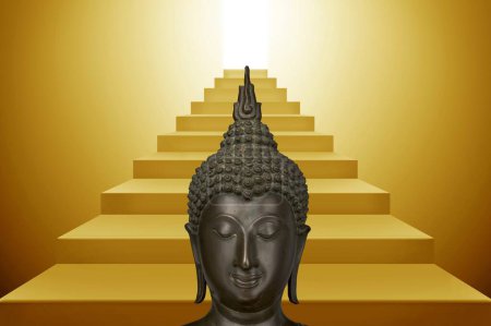 Nahaufnahme des Buddha und im Hintergrund die Treppe, die zu Weisheit und Ruhe führt
