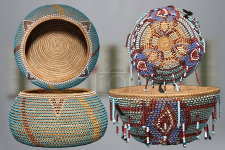 Arte nativo de América del Norte - Dos hermosas cestas multicolores, finamente elaboradas