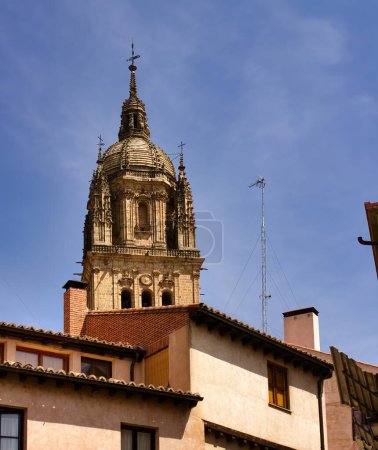 Salamanca, Spain  Casa de las Conchas and La Clereca church buildings in Salamanca, Spain, low angle view.